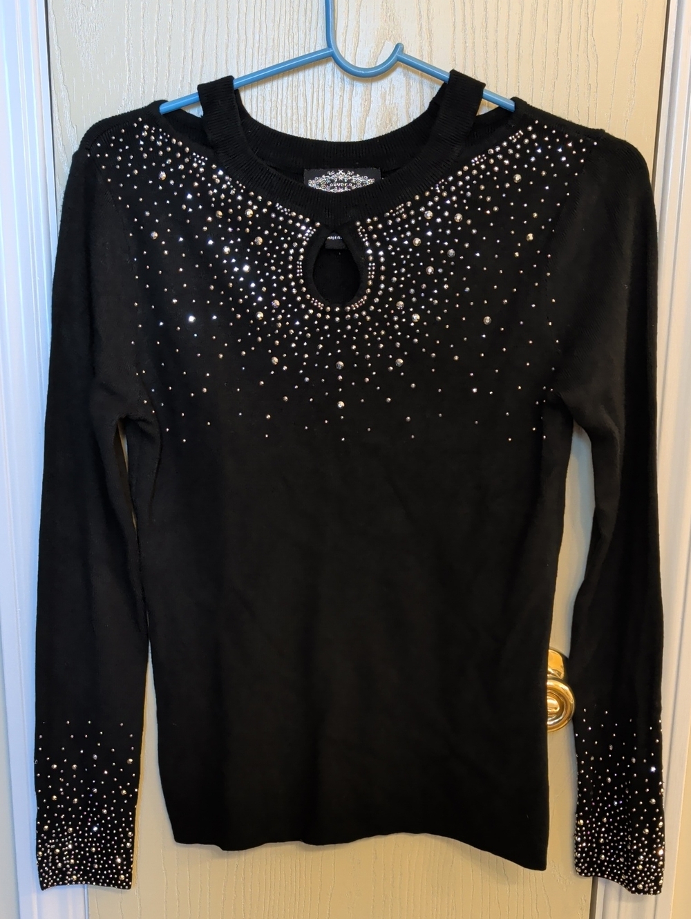 OLIVER.O by Anthropologie Black Rhinestone Jeweled Keyhole Rib Knit Sweater L